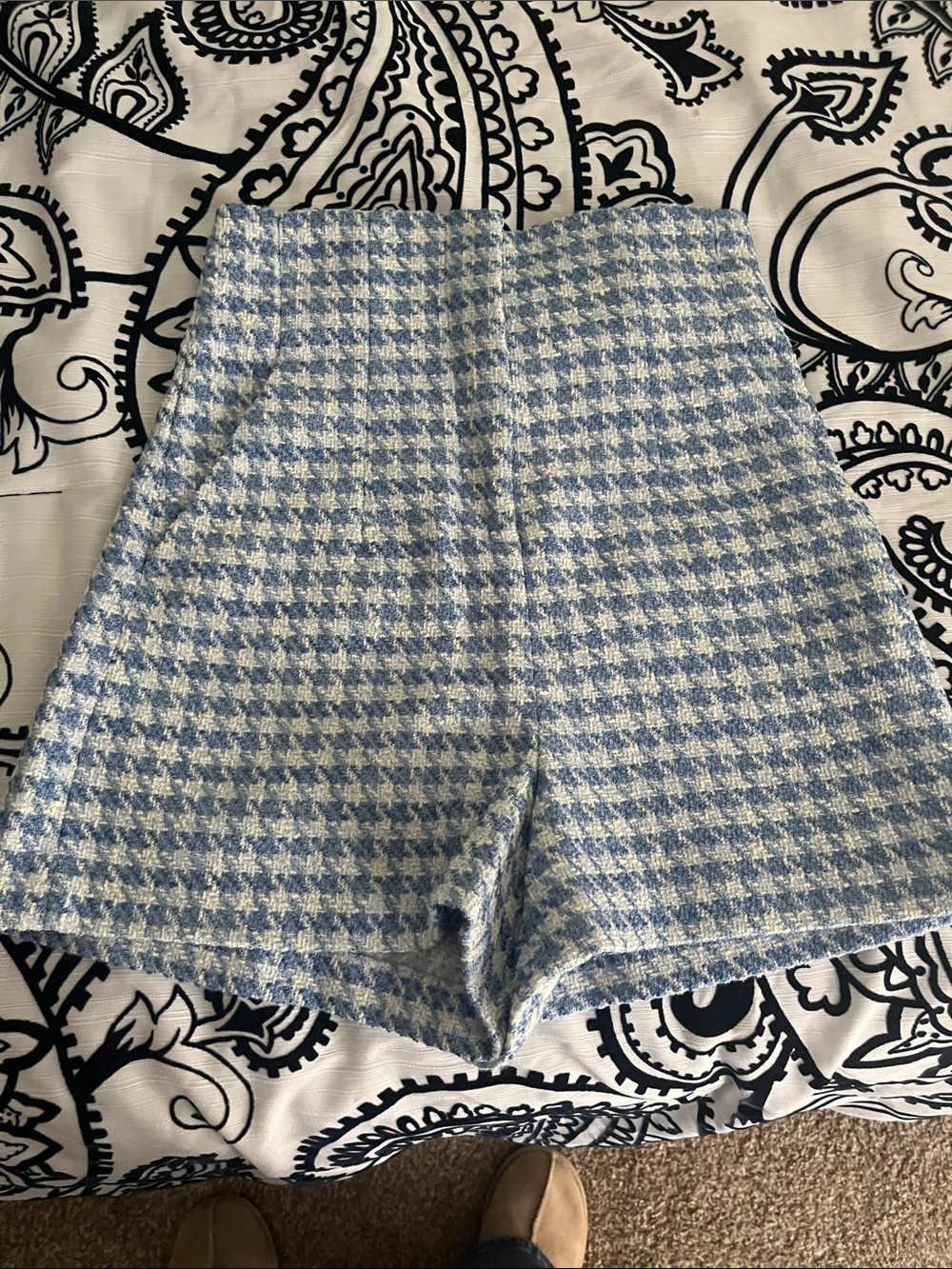 Zara Blue and White Houndstooth High-Waist Women’s Shorts
